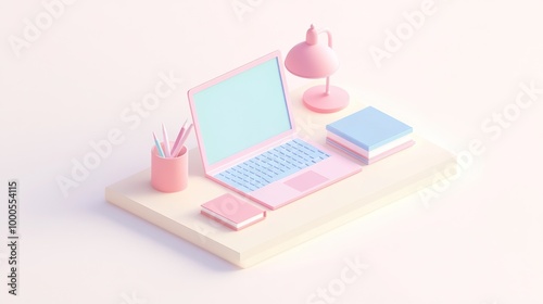 A pastel-themed workspace featuring a laptop, books, and a lamp.