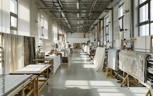 Bright workshop filled with rolls of fabric and cutting tables, showcasing a creative space for textile production and design.