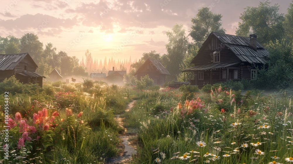 Rustic Cabin in a Misty Meadow at Sunset Rustic Cabin in a Misty Meadow at Sunset