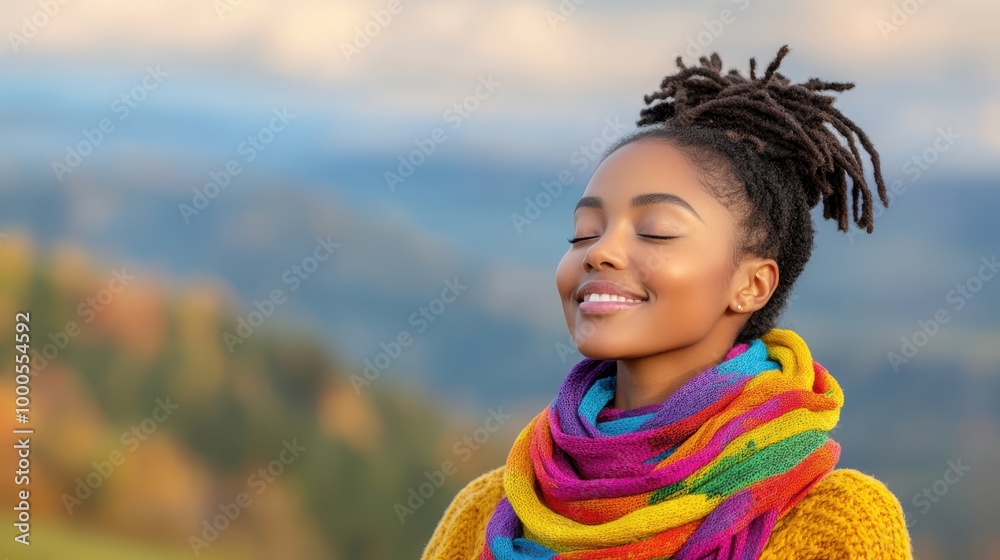 Smiling Black Woman with Dreadlocks Wearing a Colorful Scarf in Autumn Nature Smiling Black Woman with Dreadlocks Wearing a Colorful Scarf in Autumn Nature