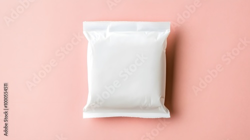 A sealed, white powder packet displayed on a soft pink background, suggesting cleanliness and minimalism in packaging design.