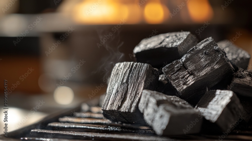 Close-up of charcoal pieces, ready for grilling or barbecuing. Close-up of charcoal pieces, ready for grilling or barbecuing.