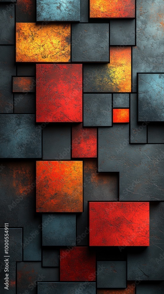 Fototapeta premium Abstract composition of textured squares in red, orange, and gray tones.