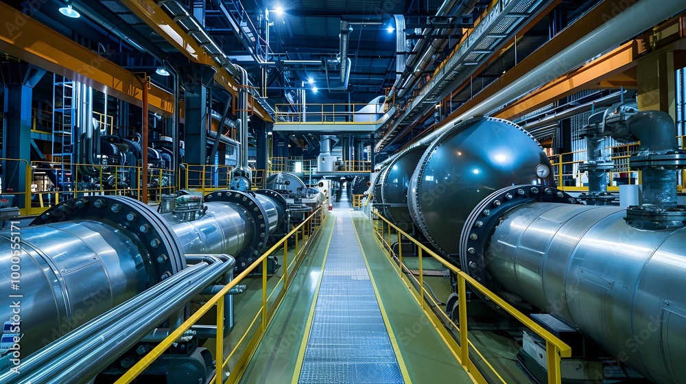 A modern industrial facility showcasing large machinery, pipes, and an organized production environment with bright lighting. A modern industrial facility showcasing large machinery, pipes, and an organized production environment with bright lighting.