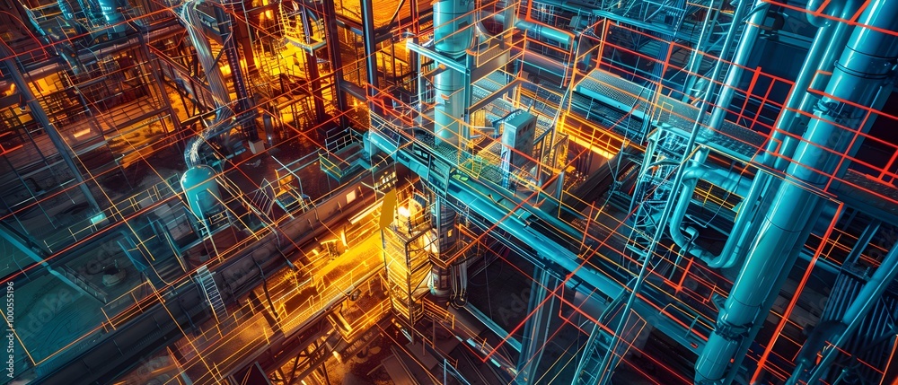 Aerial view of a complex industrial facility with vibrant neon lines and pipes, showcasing intricate engineering and modern design. Aerial view of a complex industrial facility with vibrant neon lines and pipes, showcasing intricate engineering and modern design.