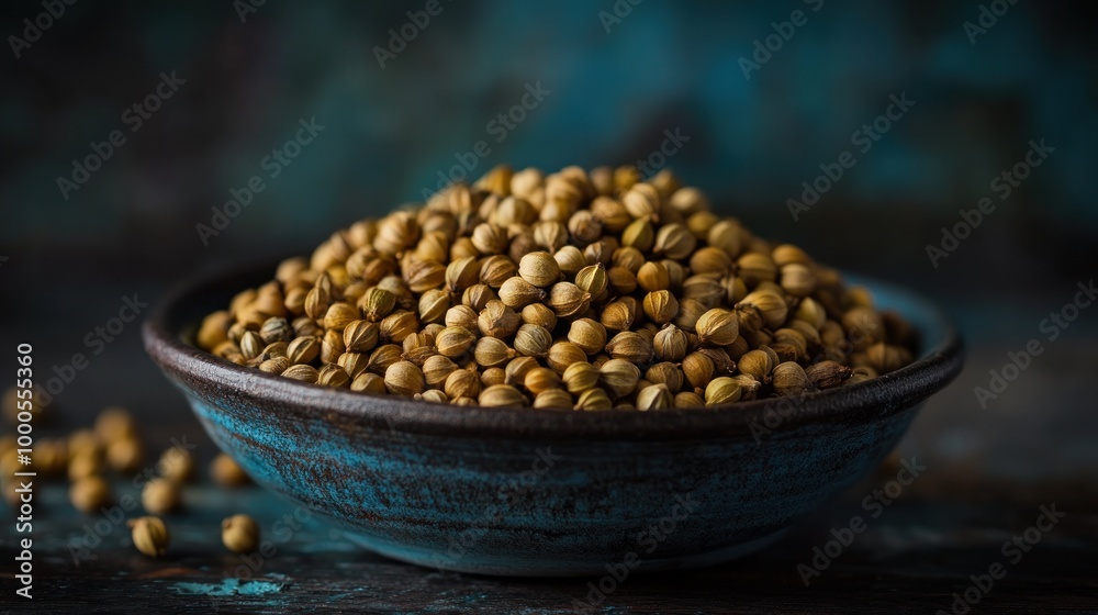 A close-up of a bowl filled with coriander seeds, showcasing their texture and color. A close-up of a bowl filled with coriander seeds, showcasing their texture and color.