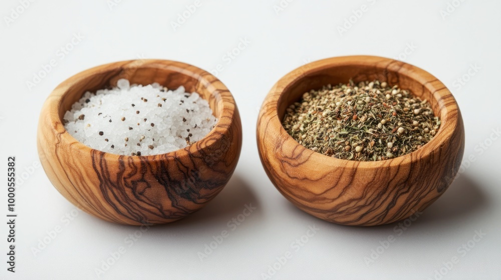 Two wooden bowls containing salt and a blend of herbs and spices on a white background. Two wooden bowls containing salt and a blend of herbs and spices on a white background.
