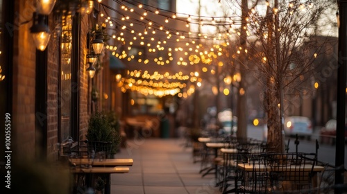 A cozy outdoor dining area illuminated by string lights during twilight.