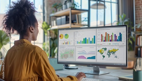 Young professional analyzing data on a large computer screen in a modern office environment, focused on charts and graphs.