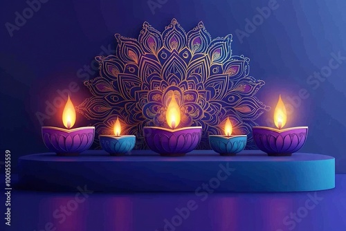 Luxurious 3d scene with colorful Diya lamps for Diwali festival of light. Podium for display your brands. Paper cut style Indian mandala on the background. generative ai