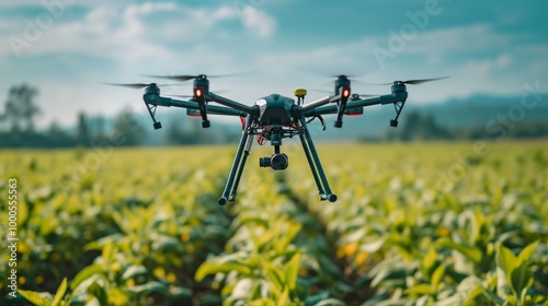 A drone equipped with a camera flies low over a vibrant green crop field in a rural farmland setting. The scene showcases agricultural innovation and drone technology for farming applications. photo