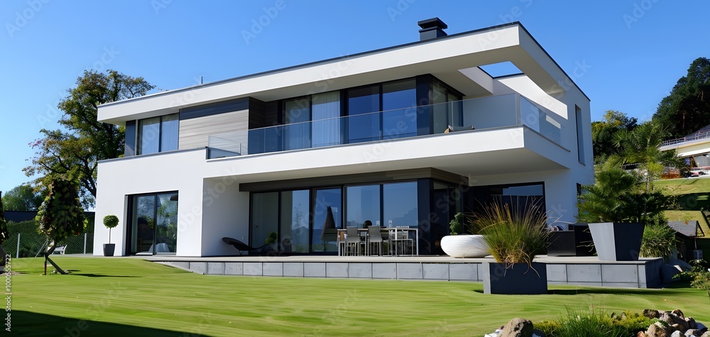 Fototapeta premium Modern architectural design of a luxurious house surrounded by a green landscape, featuring large windows and a spacious terrace.