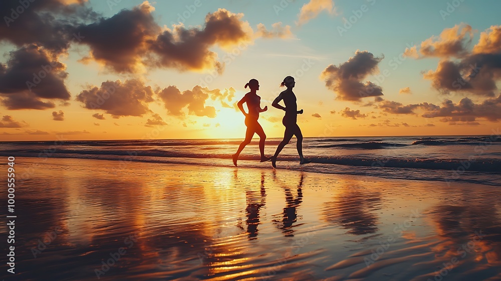 Fototapeta premium Two women running on a beach at sunset.