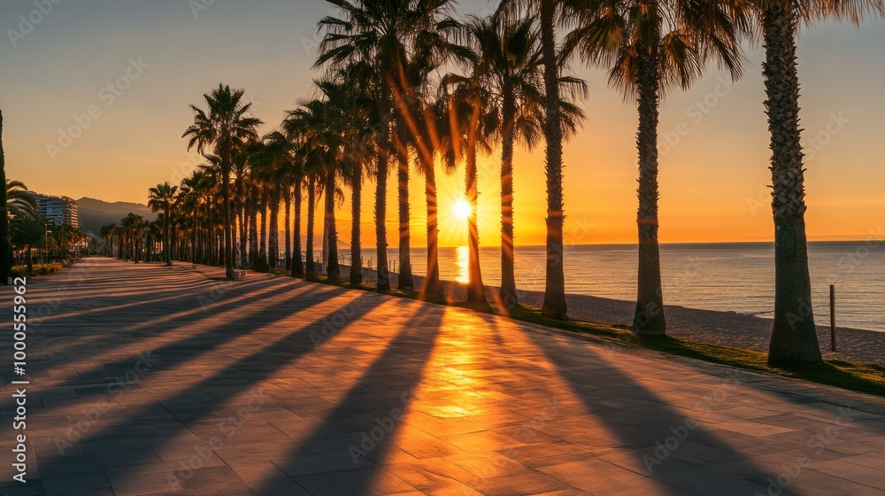 Obraz premium Dramatic long shadows cast by a row of palm trees along a coastal promenade at sunset
