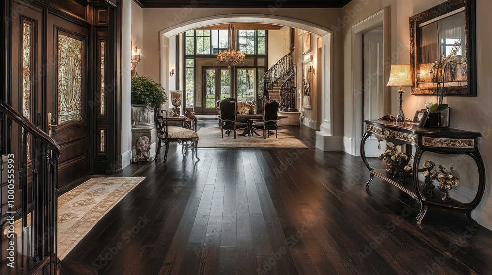 Elegant dark wood floor with a luxurious finish in a grand entryway, paired with ornate furniture Elegant dark wood floor with a luxurious finish in a grand entryway, paired with ornate furniture