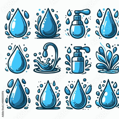 Water drop vector illustration set isolated on white background. Abstract blue liquid sign in flat design. Freshness symbol hand drawn sketch. Raindrop, drinking water, shower, moisturizer concept