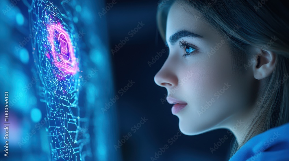 Woman Looking at Hologram Technology Screen Woman Looking at Hologram Technology Screen