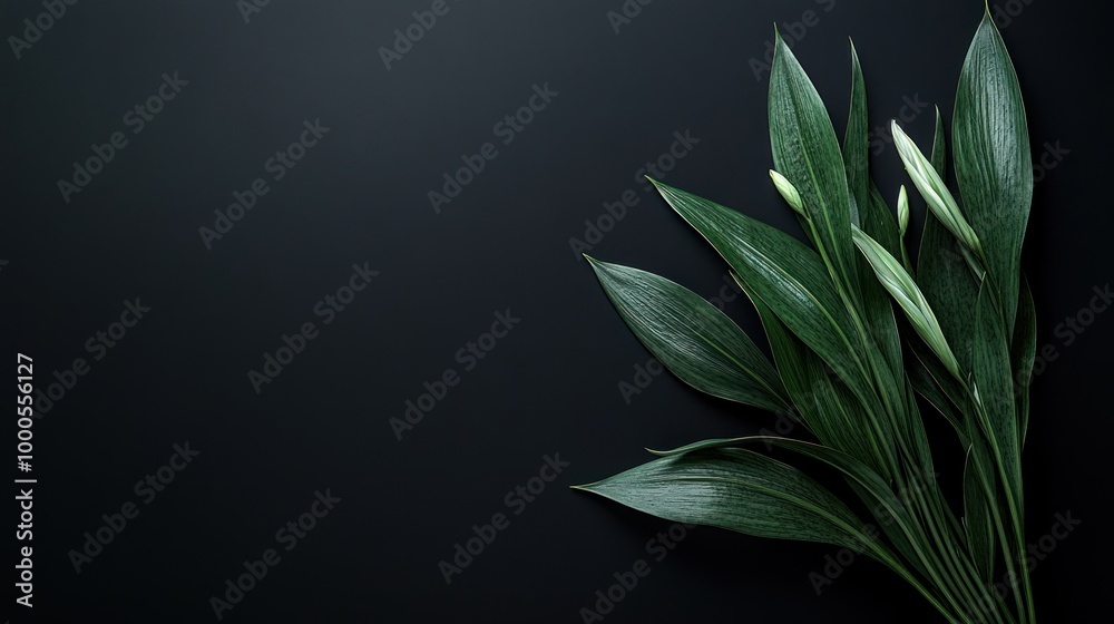A minimalist arrangement of green leaves on a dark background. A minimalist arrangement of green leaves on a dark background.