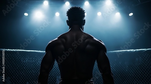 A shirtless MMA fighter stands ready in the cage, backlit by dramatic spotlights. photo