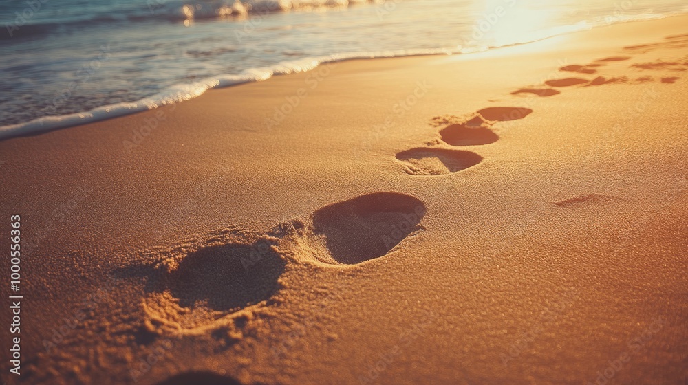 Footsteps imprinted in the sand of a beach, forming a natural path on the sunlit shoreline floor Footsteps imprinted in the sand of a beach, forming a natural path on the sunlit shoreline floor