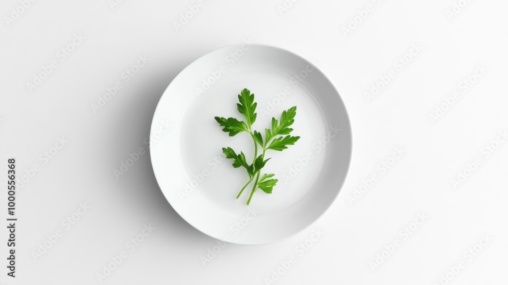 Fresh parsley leaves arranged on a simple white plate, emphasizing minimalism in presentation. Fresh parsley leaves arranged on a simple white plate, emphasizing minimalism in presentation.