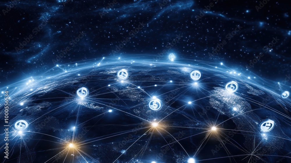 A digital representation of a connected world with glowing network lines and icons. A digital representation of a connected world with glowing network lines and icons.
