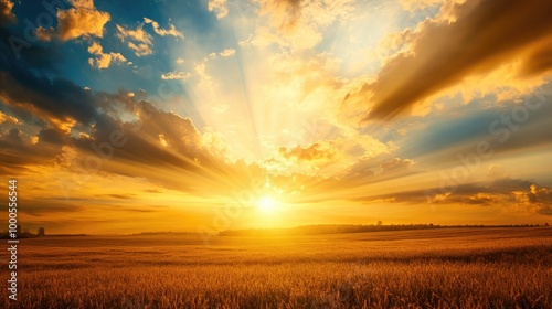 Glowing golden sky at sunrise with rays of light streaming through clouds, illuminating a peaceful field