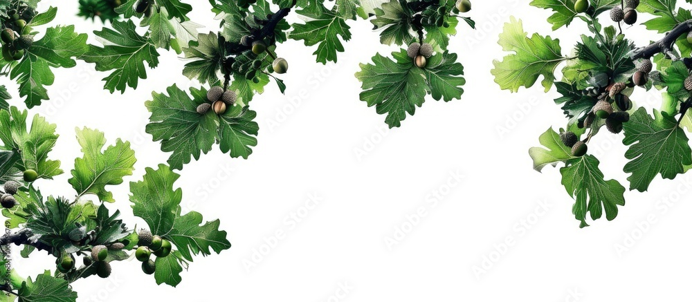 Green Branches Of The Oak Tree With Tiny Young Acorns Against The White Sky Background