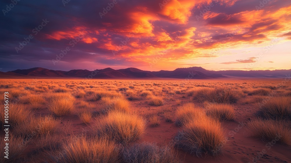 Obraz premium Golden sky at dusk with a dramatic blend of orange, pink, and purple hues over a desert landscape
