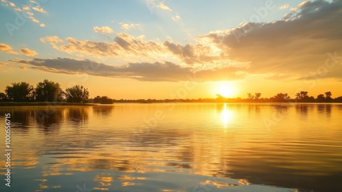 Golden sky at dawn with soft clouds and a glowing horizon, reflecting on calm waters of a serene lake