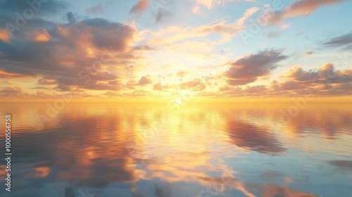 Golden sky at dawn with soft clouds and a glowing horizon, reflecting on calm waters of a serene lake