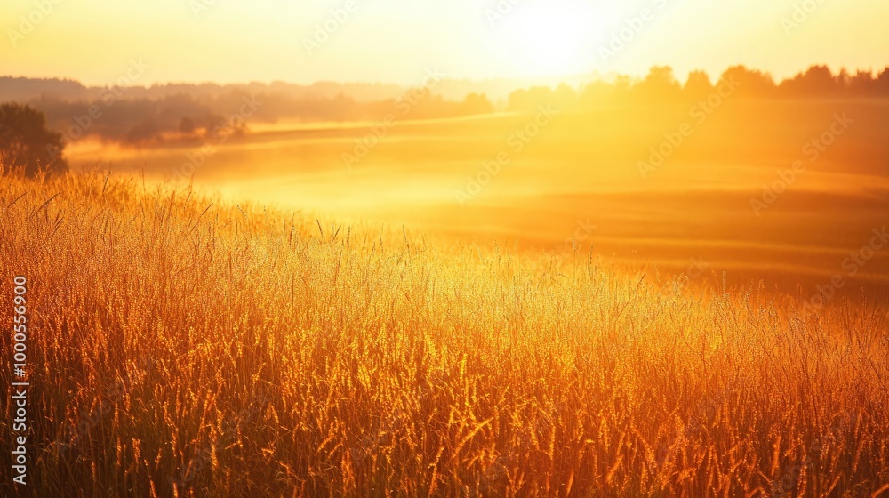 Golden sky during sunrise over a rural field, with golden light illuminating the grass and a soft haze in the distance Golden sky during sunrise over a rural field, with golden light illuminating the grass and a soft haze in the distance