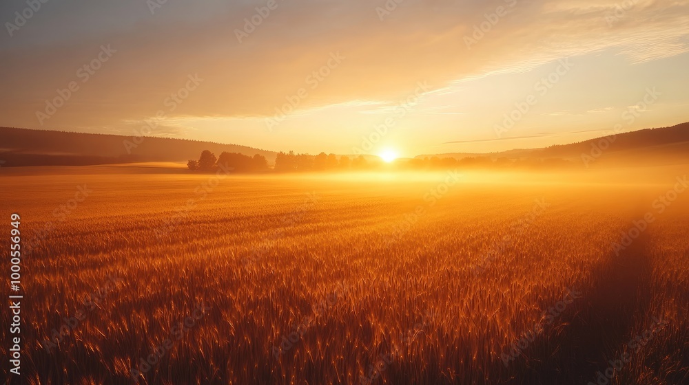 Golden sky during sunrise over a rural field, with warm hues illuminating the landscape and creating long shadows Golden sky during sunrise over a rural field, with warm hues illuminating the landscape and creating long shadows