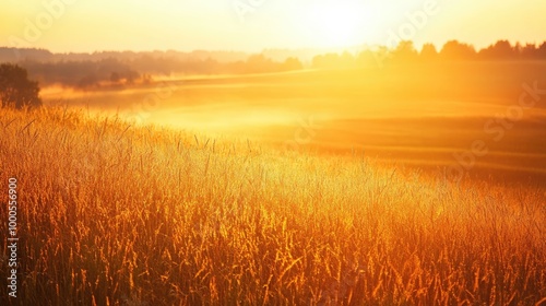 Golden sky during sunrise over a rural field, with golden light illuminating the grass and a soft haze in the distance