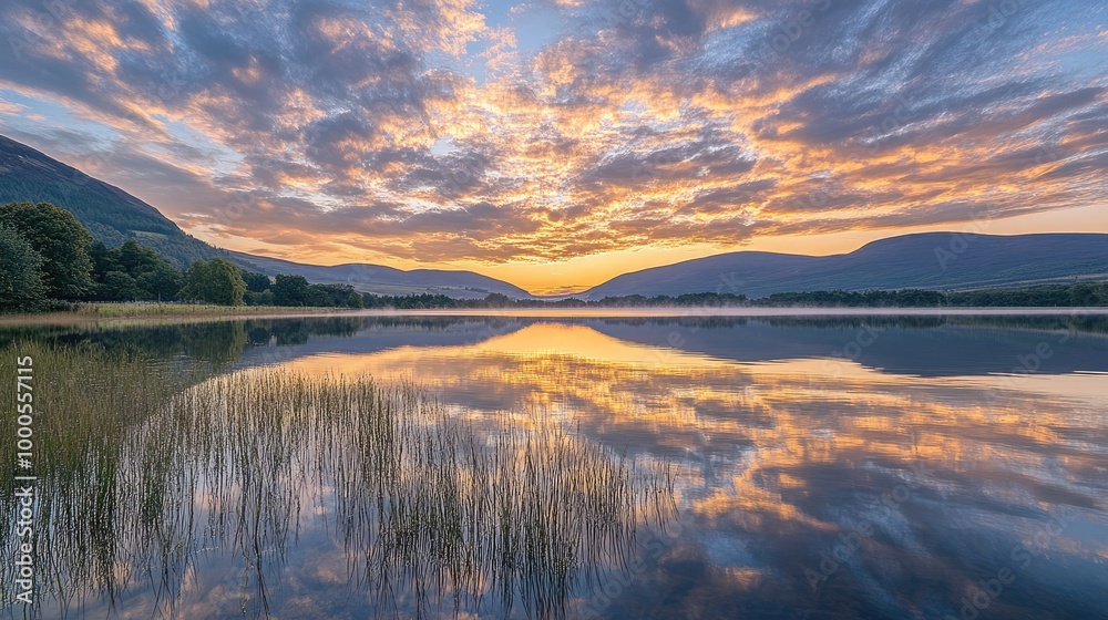 Fototapeta premium Golden sky with pastel-colored clouds reflecting on a calm lake at sunset, creating a tranquil and picturesque scene