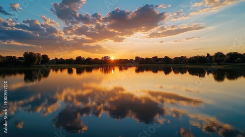 Golden sky with pastel-colored clouds reflecting on a calm lake at sunset, creating a tranquil and picturesque scene