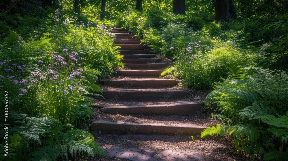 A serene forest pathway with stone steps surrounded by lush greenery and blooming flowers. A serene forest pathway with stone steps surrounded by lush greenery and blooming flowers.