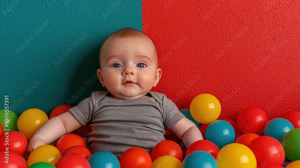 Happy Baby Playing in Colorful Ball Pit Infant Joy Childhood Fun Happy Baby Playing in Colorful Ball Pit Infant Joy Childhood Fun