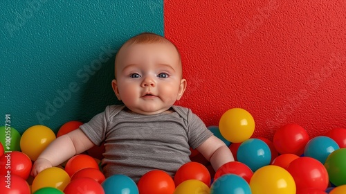 Happy Baby Playing in Colorful Ball Pit Infant Joy Childhood Fun