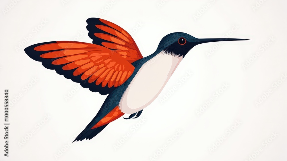 Fototapeta premium Hummingbird in Flight Isolated Red Blue White Bird Illustration