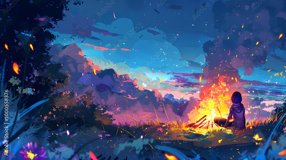 Obraz premium Campfire in a Colorful Forest at Dusk