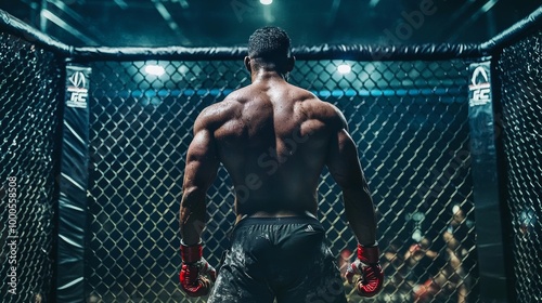 Muscular male MMA fighter in cage, viewed from behind, his back glistening with sweat under dim lights.