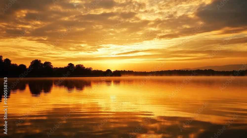 Fototapeta premium Peaceful golden sky at dawn with a glowing horizon and reflections on a calm lake, creating a serene atmosphere