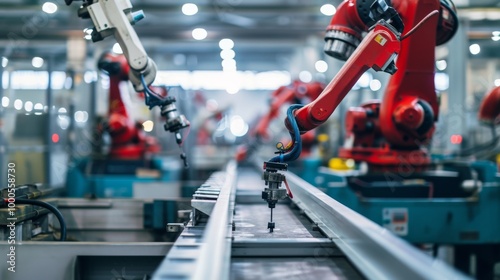 Wallpaper Mural Close-up of a red robotic arm working on an advanced assembly line in a modern factory. The image emphasizes precision engineering and the integration of robotics in industrial production processes. Torontodigital.ca