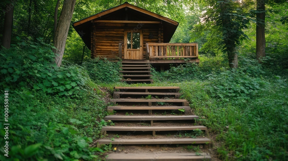 A rustic cabin surrounded by greenery, accessed via wooden steps, ideal for relaxation. A rustic cabin surrounded by greenery, accessed via wooden steps, ideal for relaxation.