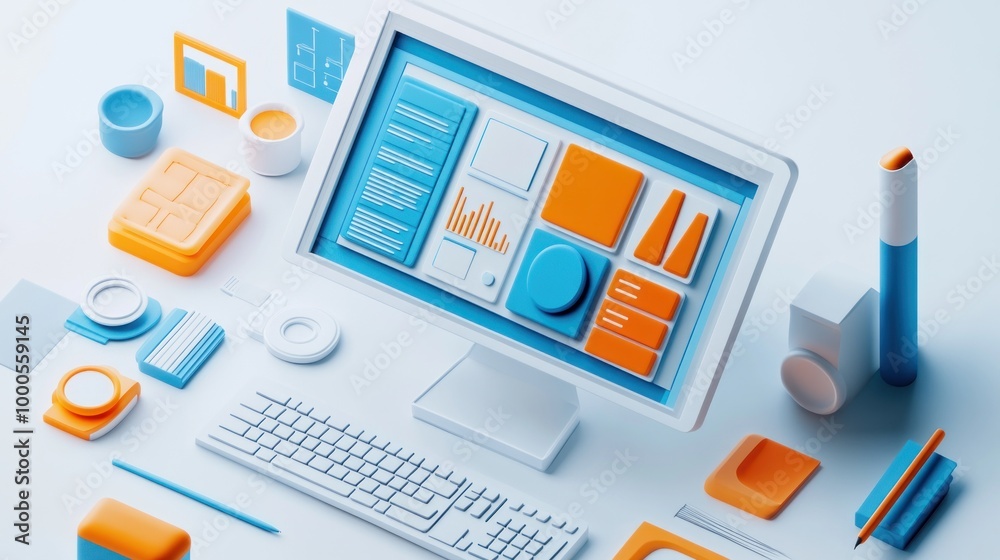 A stylized workspace with a computer displaying data visuals and various office supplies. A stylized workspace with a computer displaying data visuals and various office supplies.