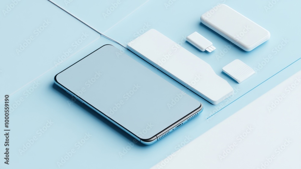 A minimalist arrangement of a smartphone and accessories on a soft blue background. A minimalist arrangement of a smartphone and accessories on a soft blue background.