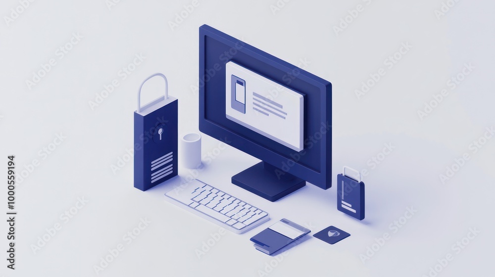 A digital workspace setup featuring a computer, security elements, and various office supplies. A digital workspace setup featuring a computer, security elements, and various office supplies.