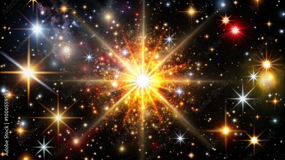 Fototapeta premium A bright, golden explosion of light in the middle of a vast, dark space filled with twinkling stars.