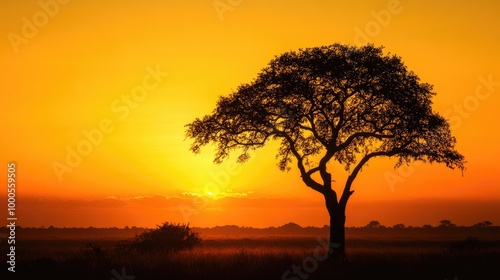 Silhouette of a tree against a radiant golden sky at sunset, with warm hues blending into the horizon